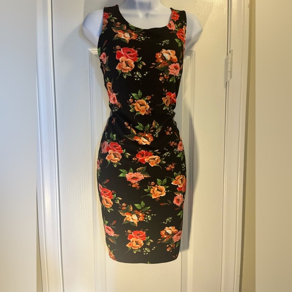 Ambiance Black Floral Racerback Stretch Bodycon Dress Size: L. Condition: Good - Picture 1 of 5